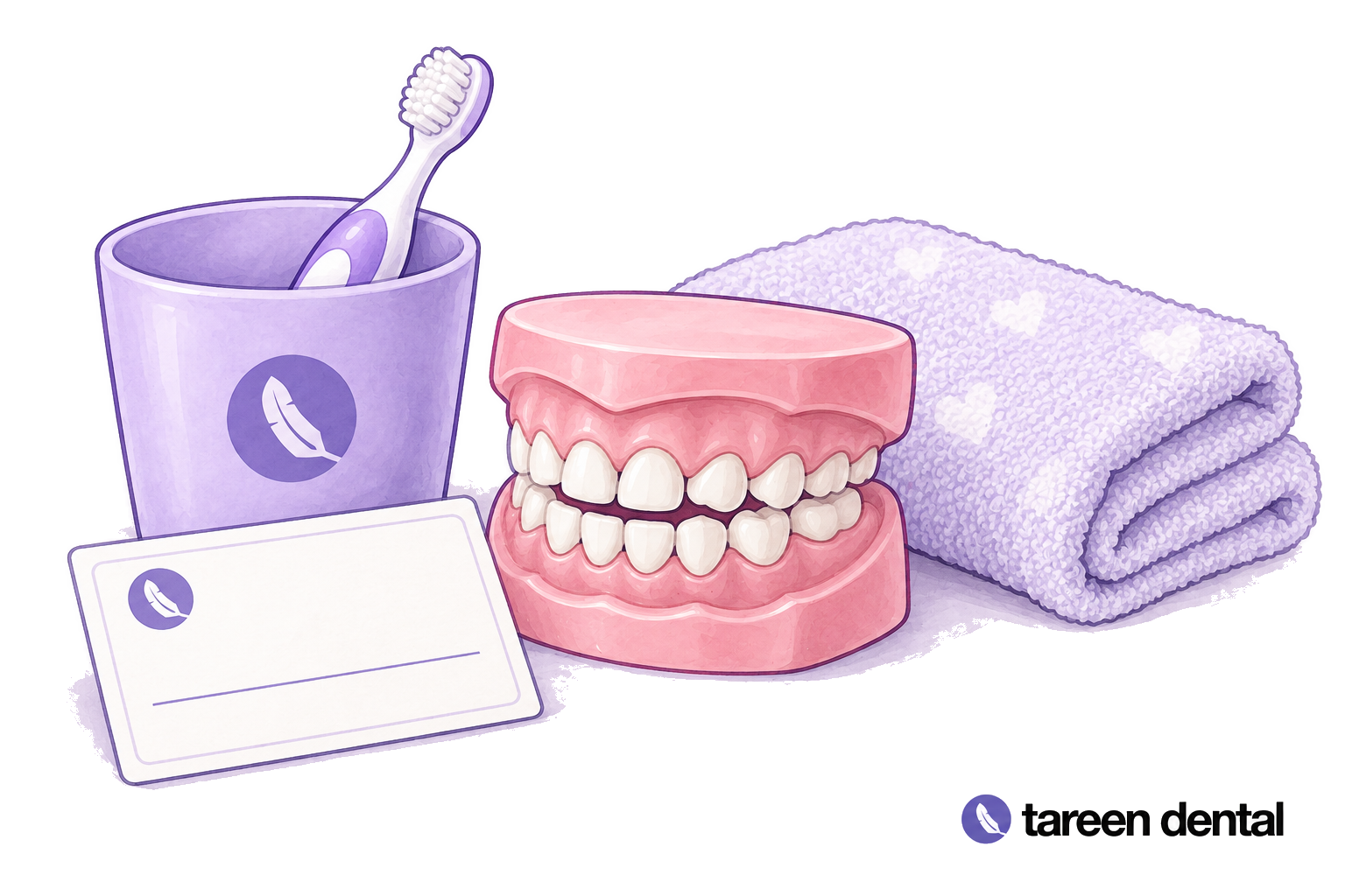 Child-sized toothbrush, dental teaching model, appointment card and folded washcloth.