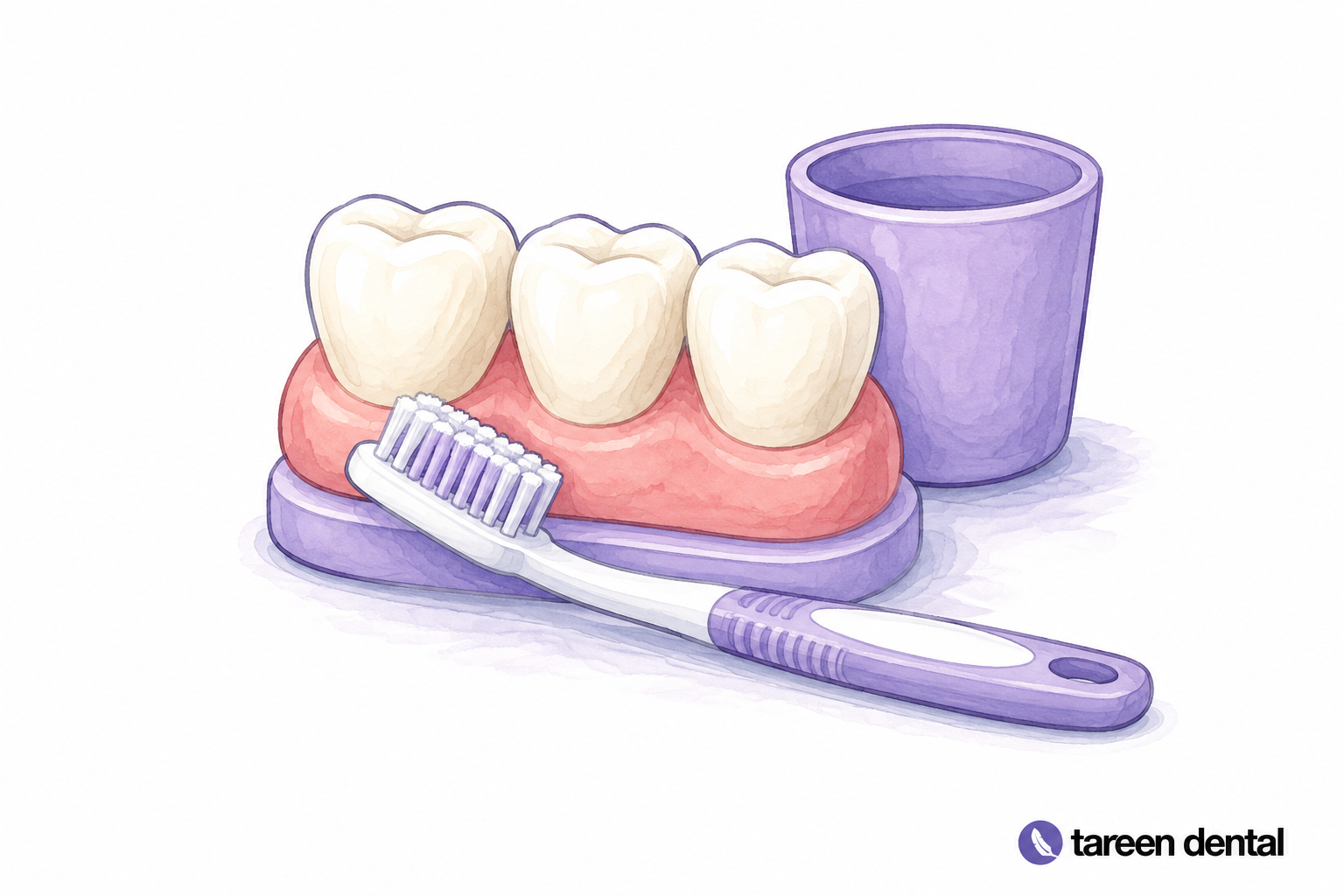 Tooth model with a toothbrush and rinsing cup.