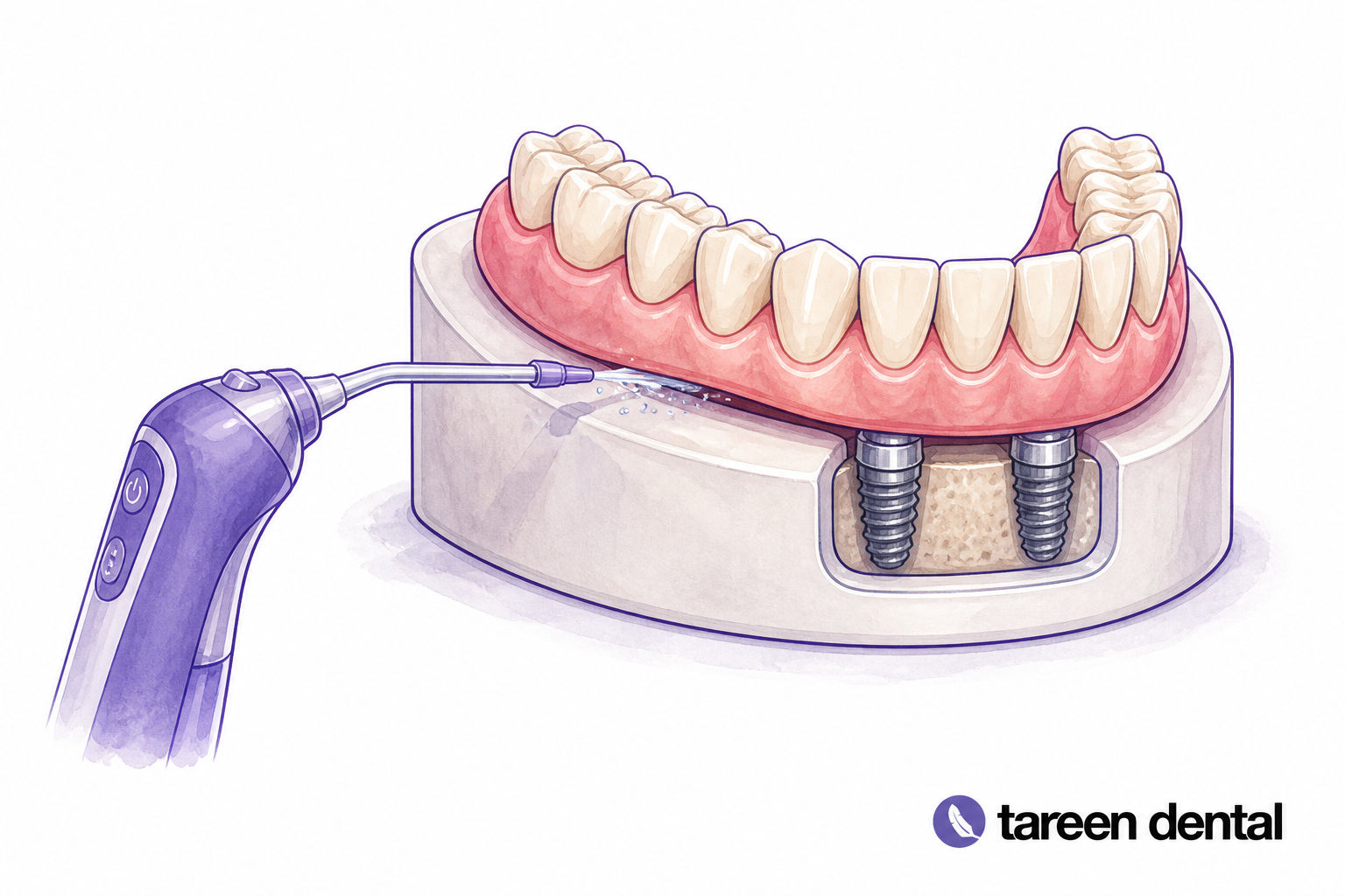 Fixed hybrid denture model with a water flosser.