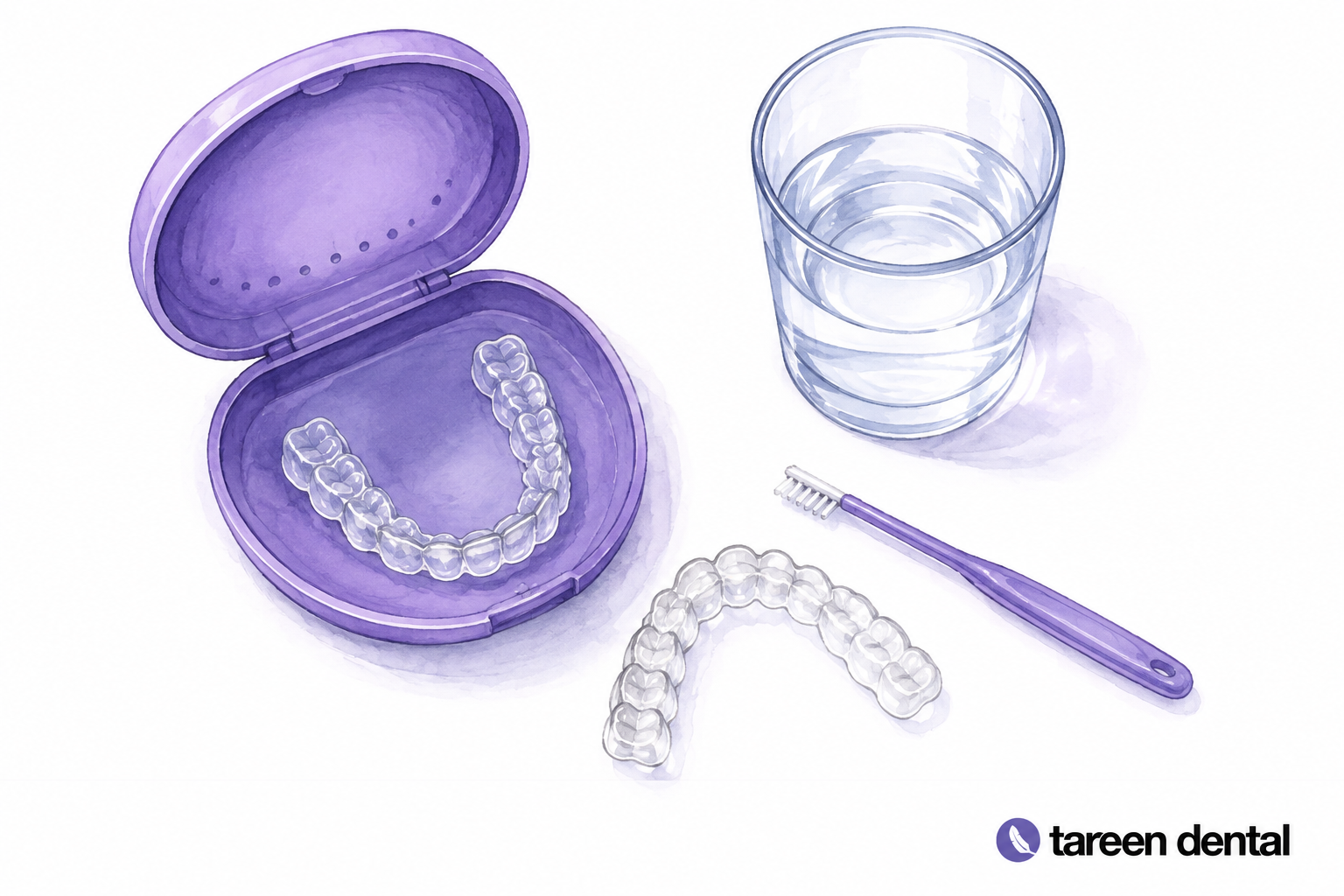 Clear aligner trays with a protective case and cleaning tools.