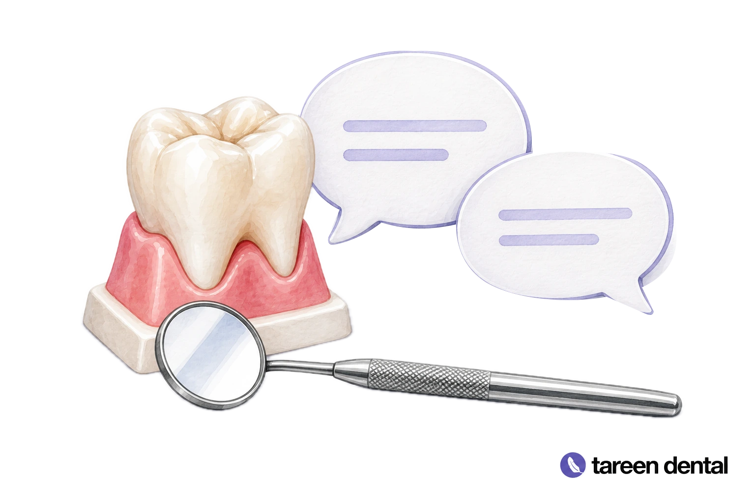 Watercolor illustration of a tooth teaching model, dental mirror and conversation forms