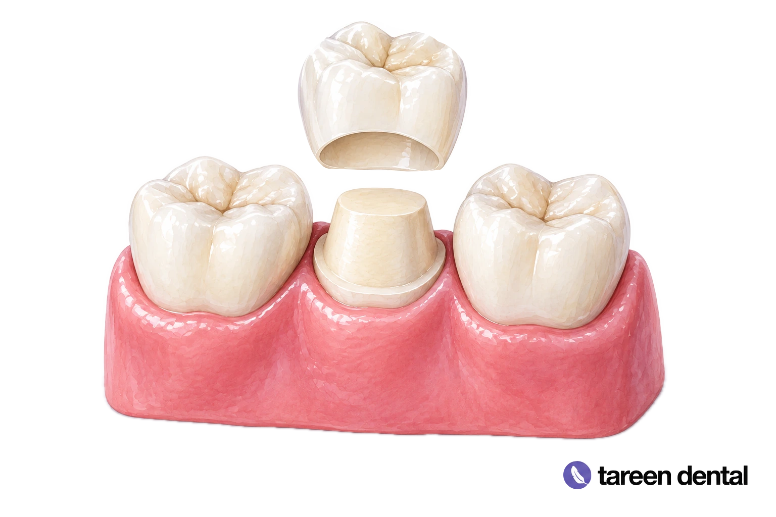 Watercolor teaching model showing a ceramic crown above a prepared tooth