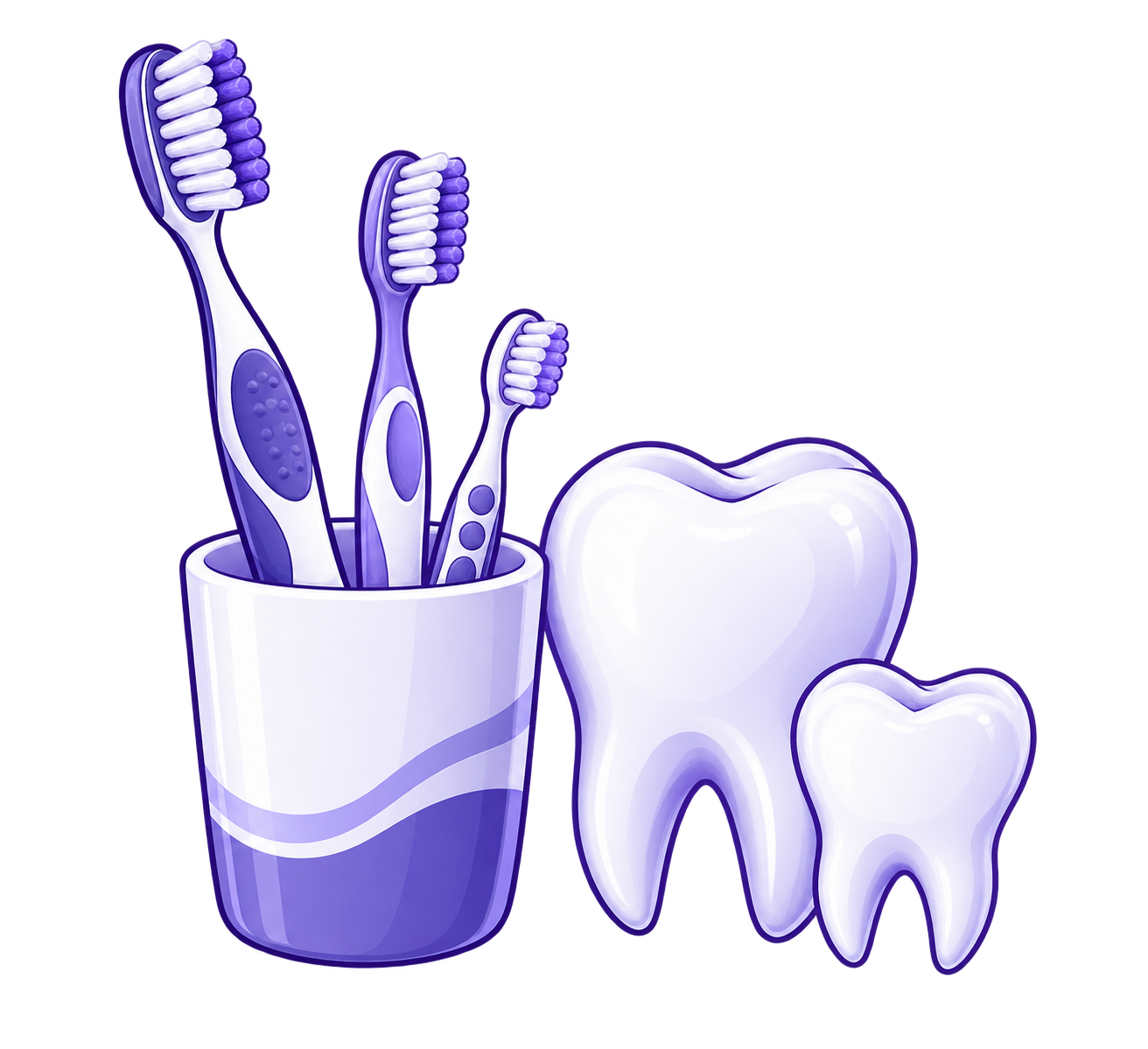 Illustration of adult and child teeth beside family toothbrushes