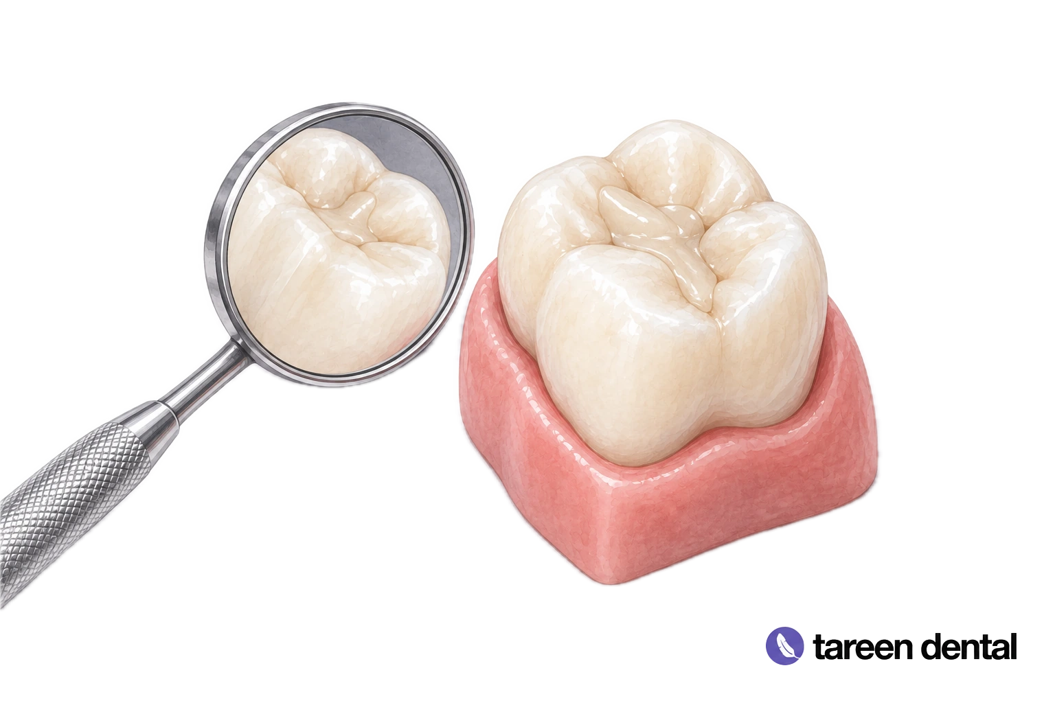 Watercolor illustration of a tooth-coloured restoration and stainless steel dental mirror