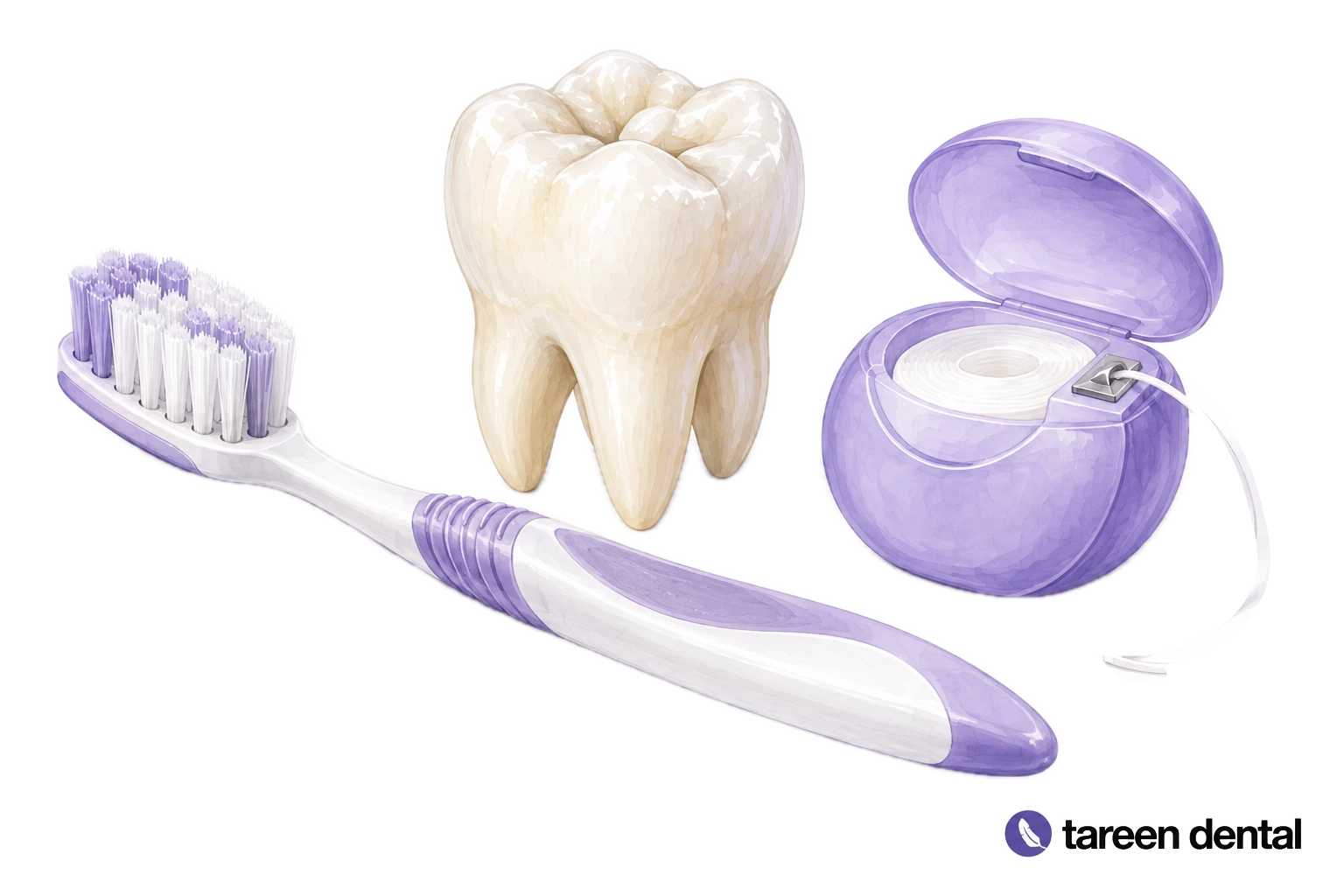 Watercolor illustration of a tooth model, soft toothbrush and dental floss