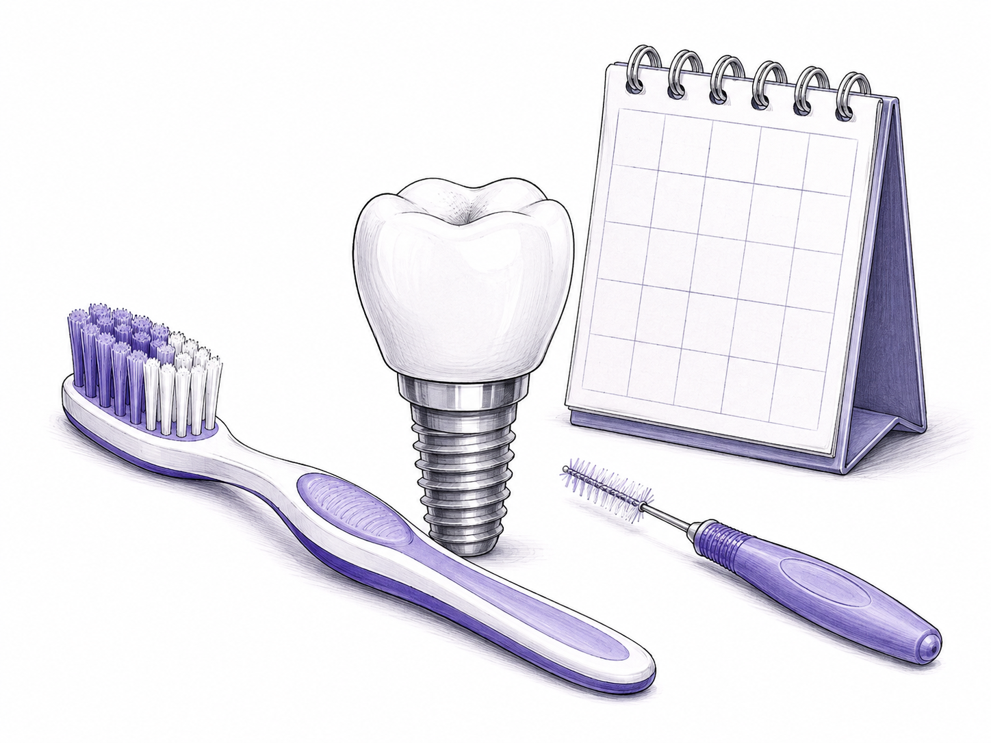 Implant restoration with toothbrush, interdental brush and review calendar