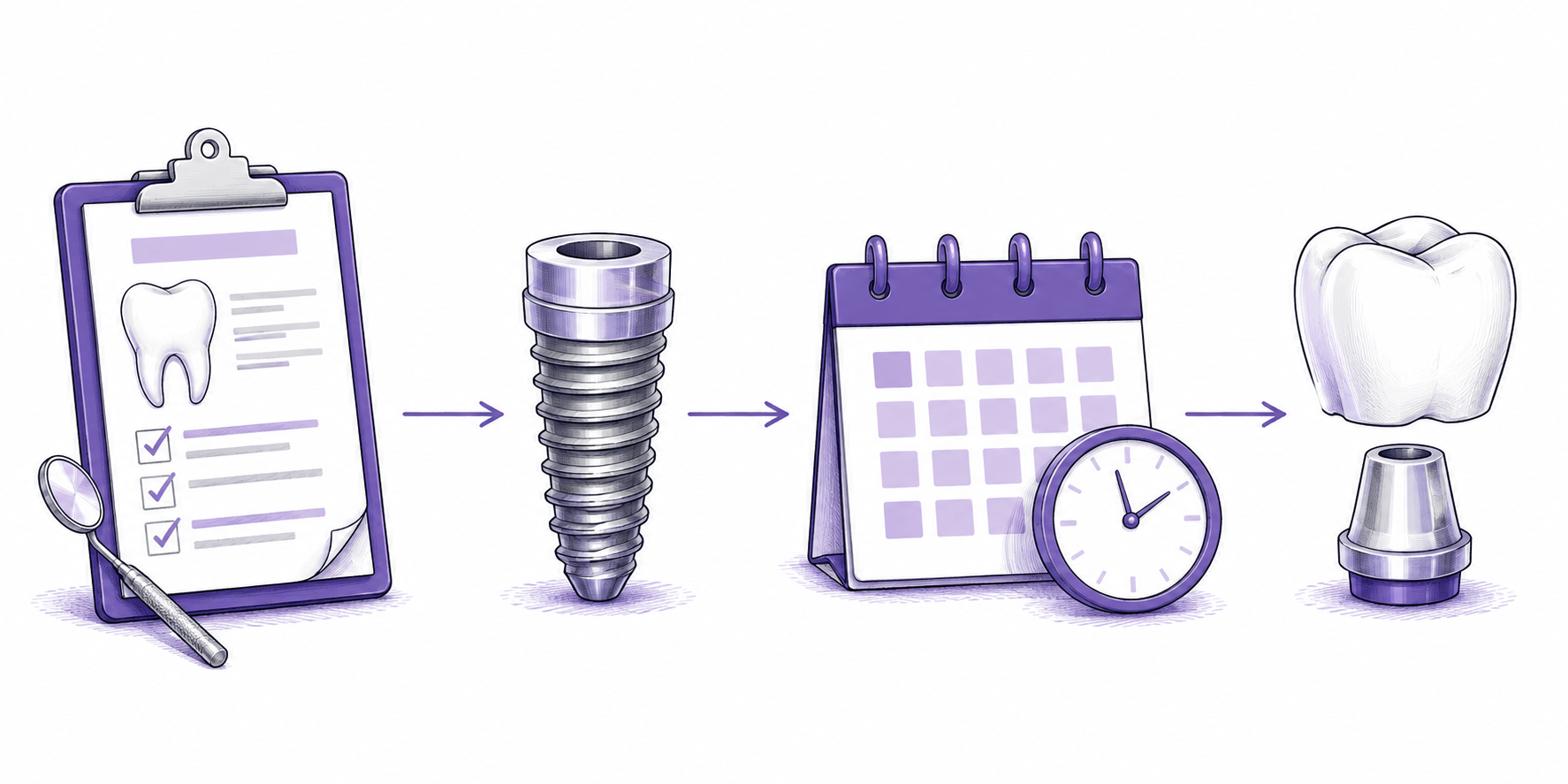 Conceptual sequence of assessment, implant placement, healing time and fitting a restoration