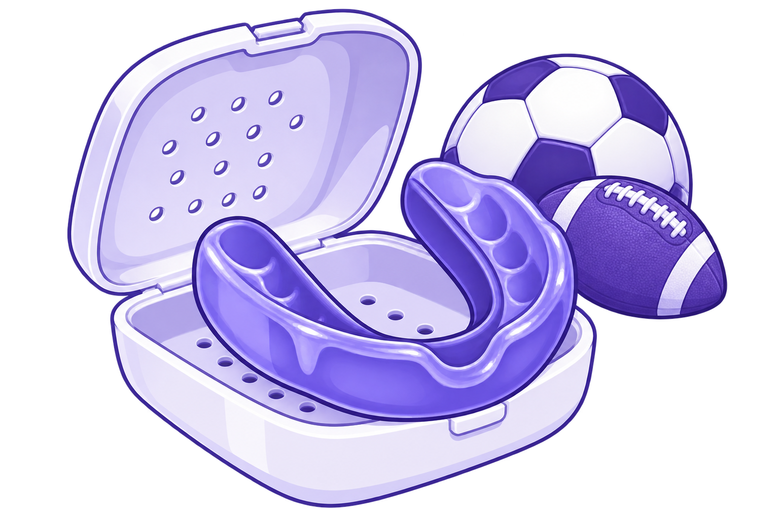 Illustration of a sports mouthguard, case and sports equipment