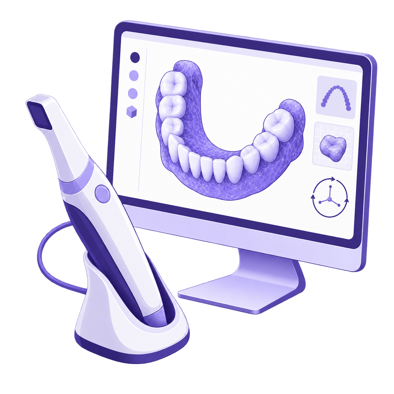 Illustration of a digital dental scanner beside a model of teeth on a screen