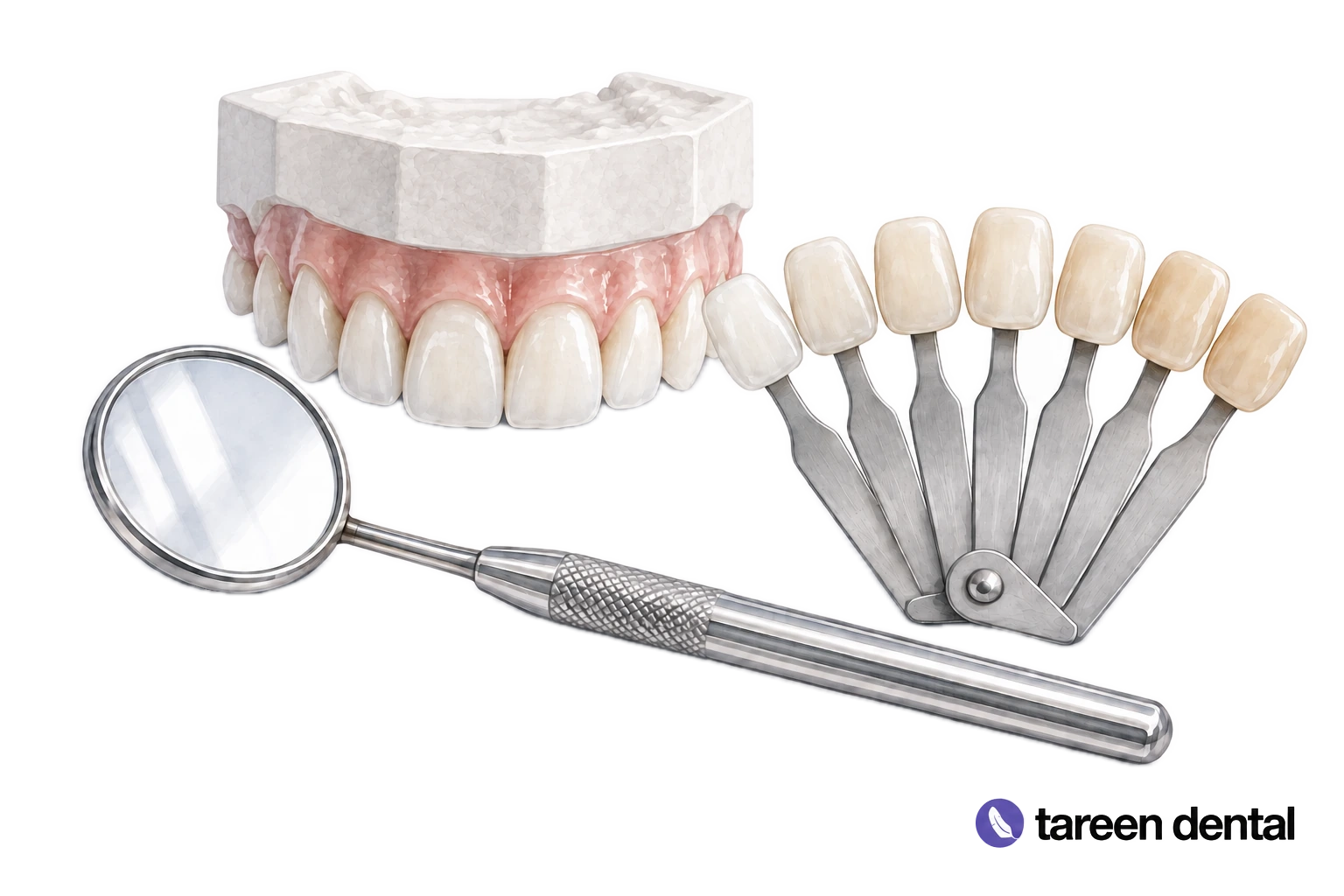 Watercolor illustration of an upper dental cast with its base above the teeth, a shade guide and dental mirror